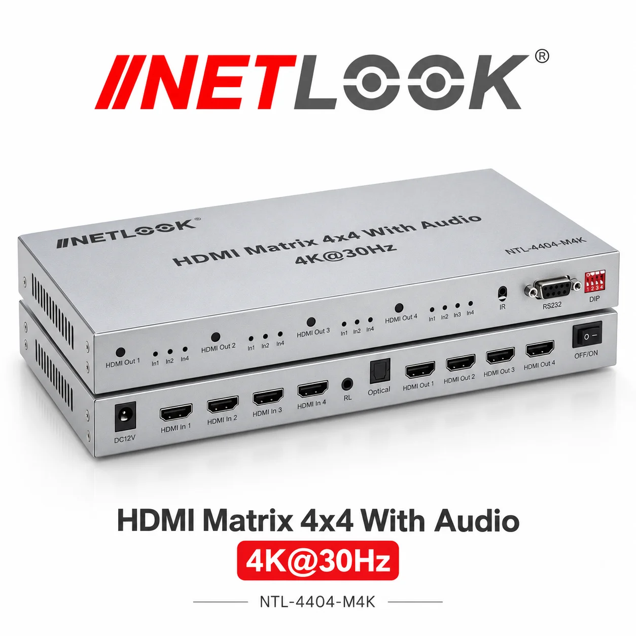 Netlook NTL-4404-M4K HDMI Matrix Switch 4x4 with Audio – 4K@30Hz