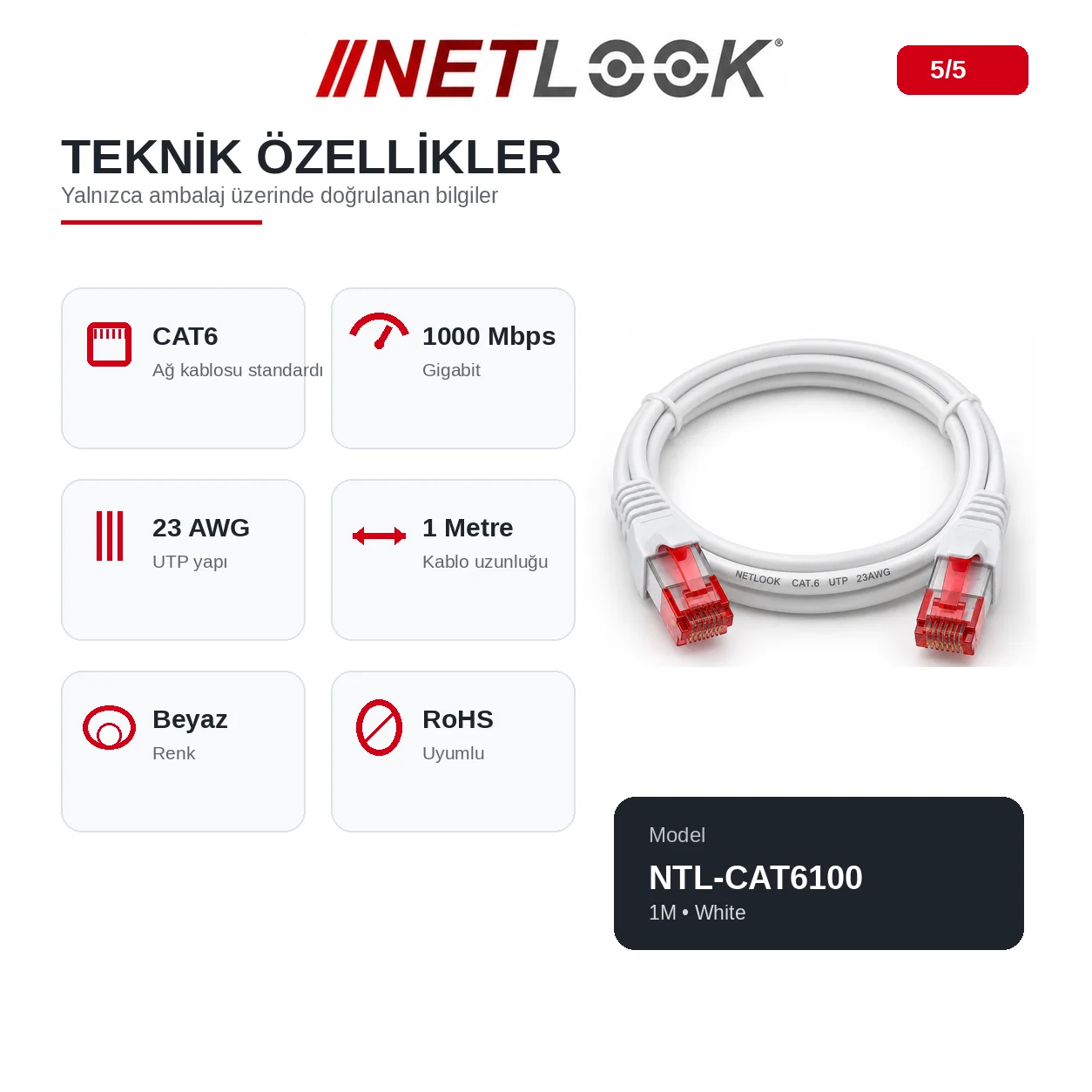Netlook NTL-CAT601 Cat6 UTP Network Cable – 1 metre / 23AWG