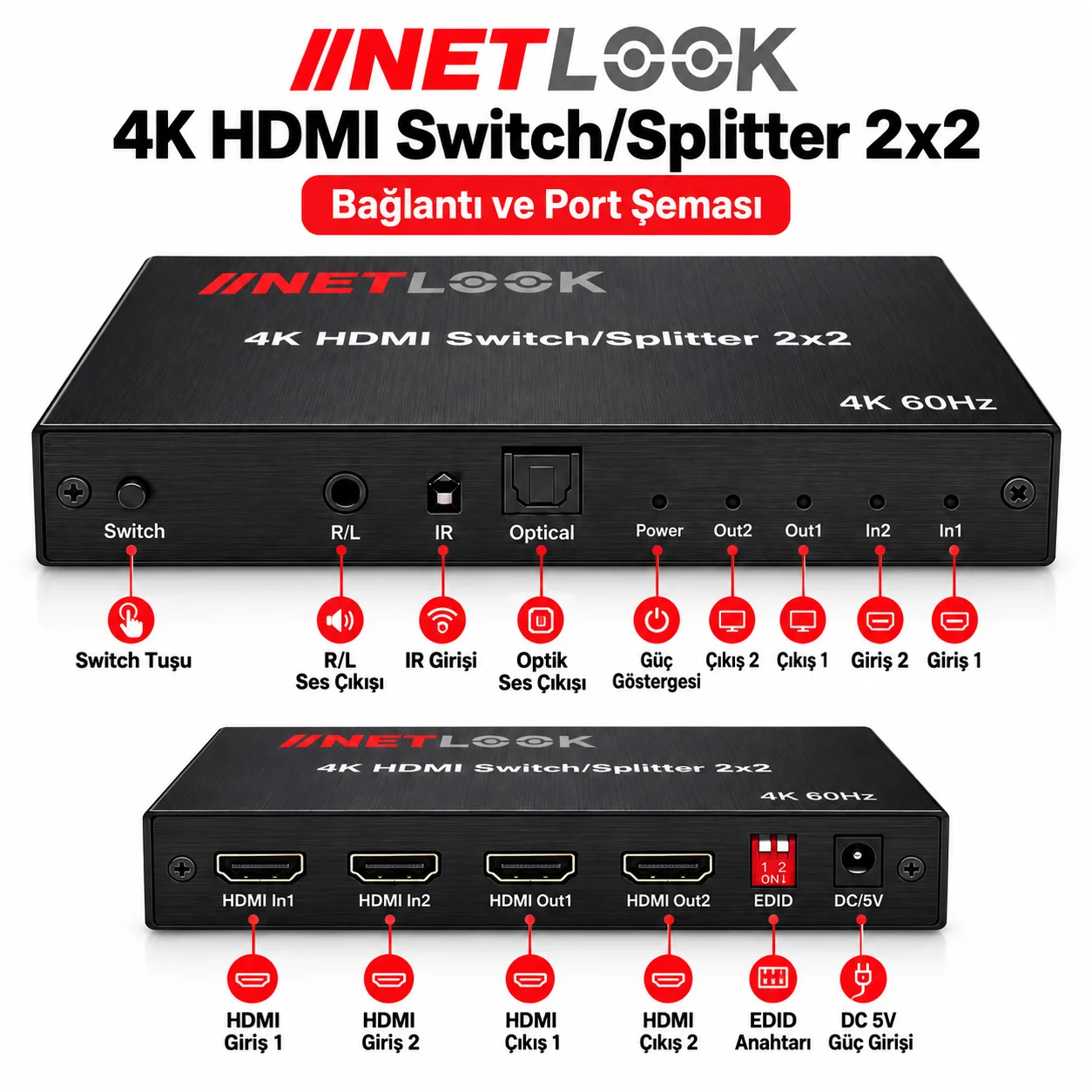 Netlook NTL-4202-4K 4K HDMI Switch/Splitter 2x2 – 4K 60Hz
