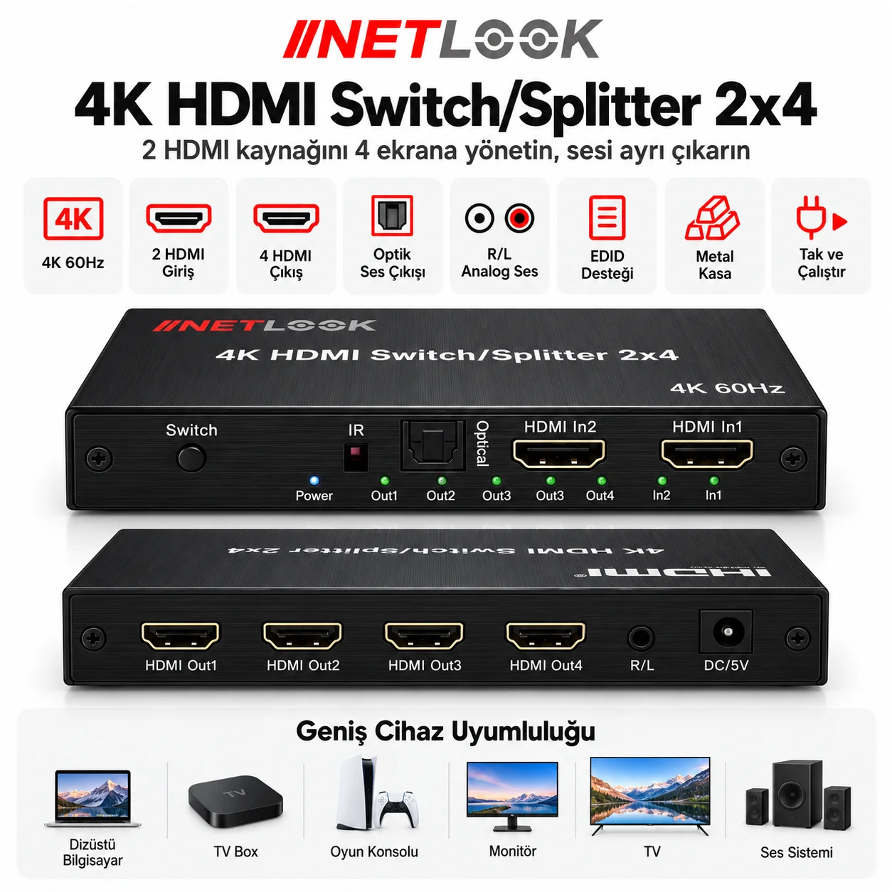 Netlook NTL-4204-4K 4K HDMI Switch/Splitter 2x4 – 4K 60Hz