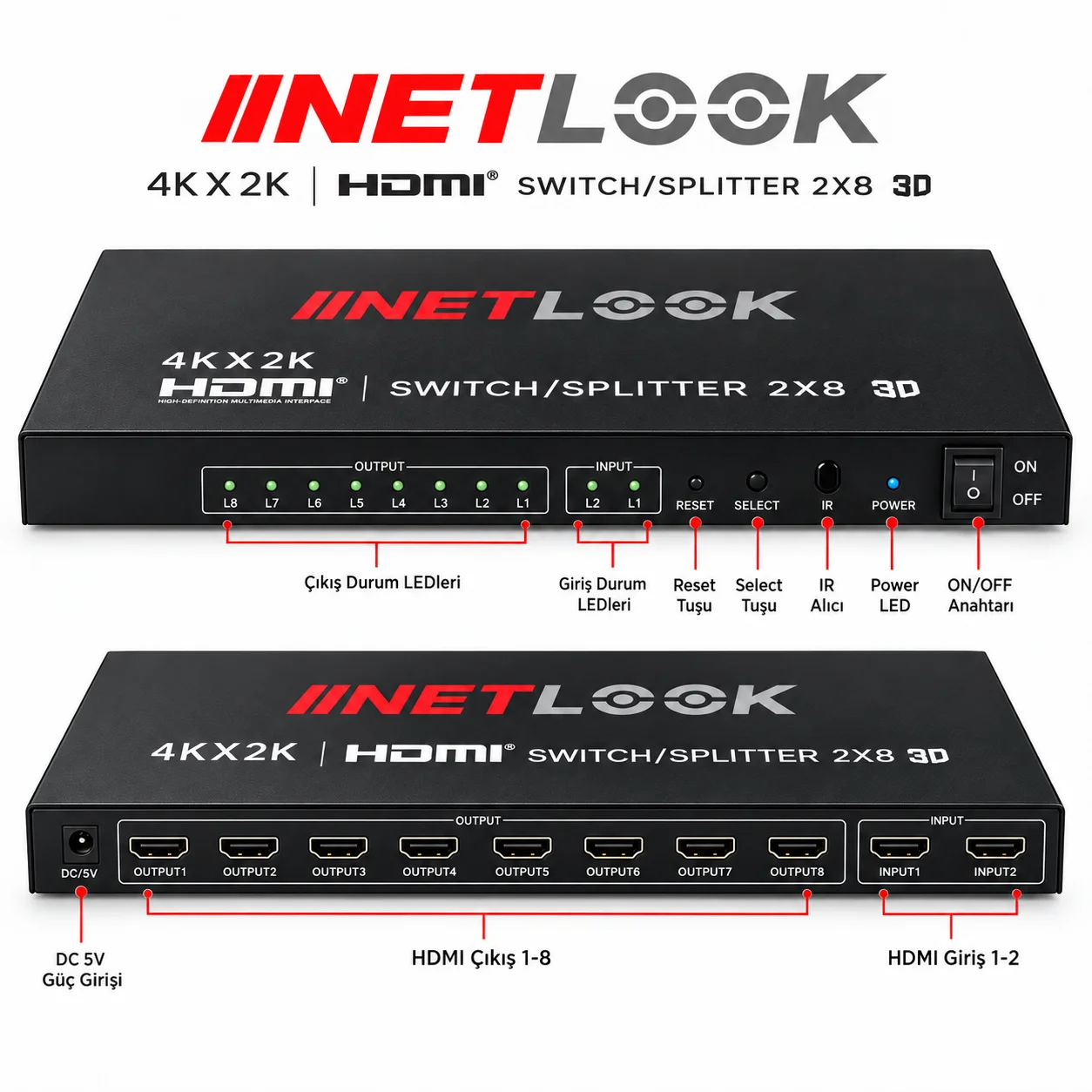 Netlook NTL-4208-4K HDMI Switch/Splitter 2x8 – 4Kx2K / 3D