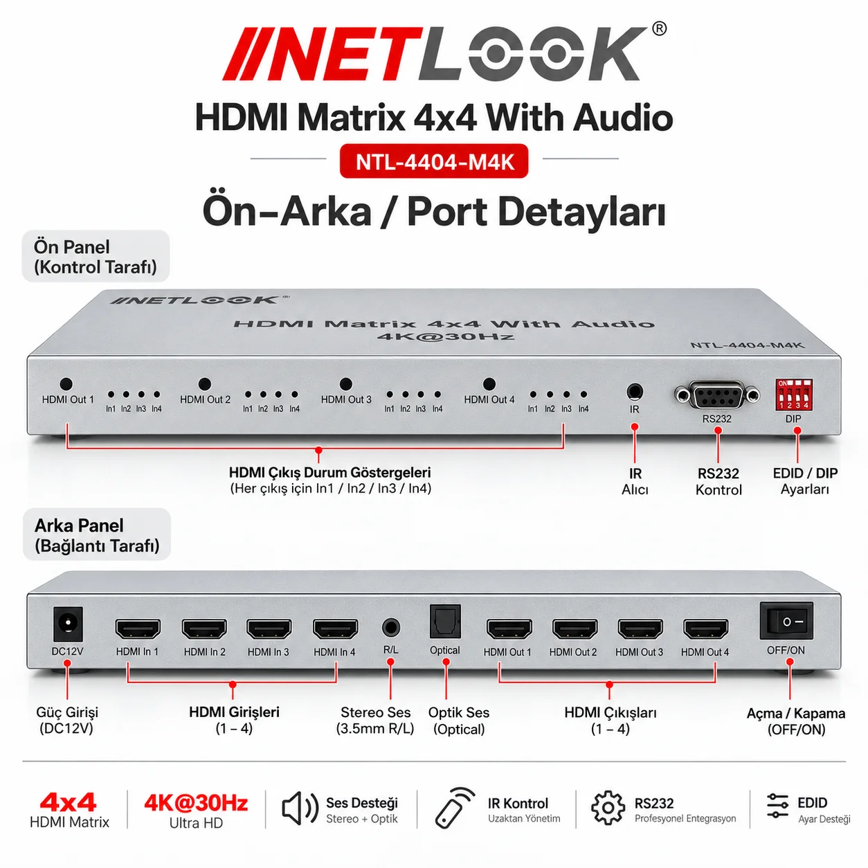 Netlook NTL-4404-M4K HDMI Matrix Switch 4x4 with Audio – 4K@30Hz