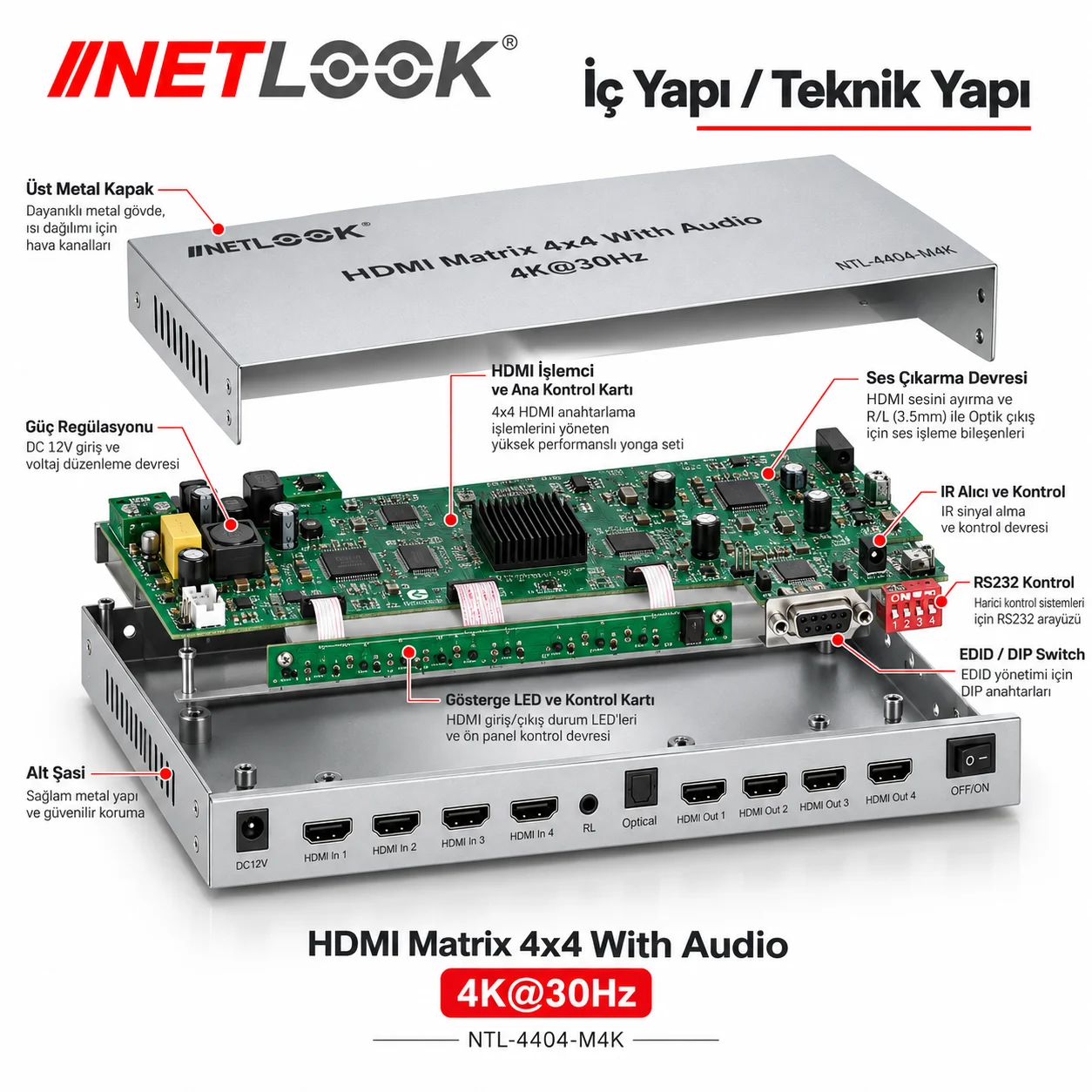 Netlook NTL-4404-M4K HDMI Matrix Switch 4x4 with Audio – 4K@30Hz