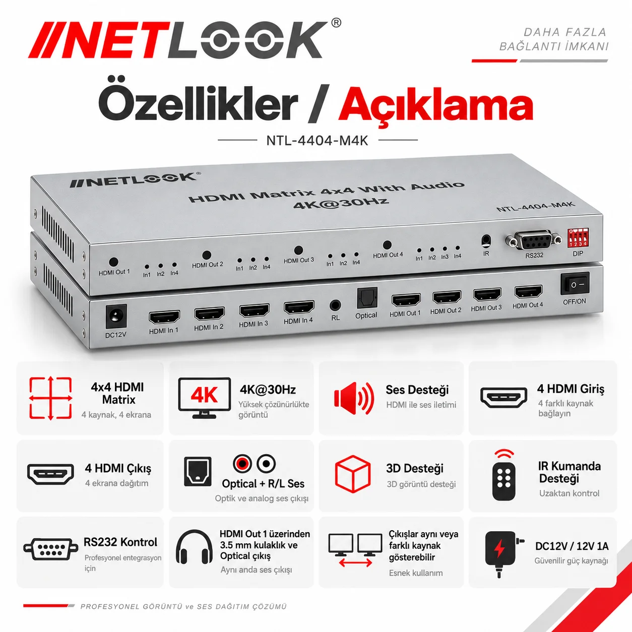 Netlook NTL-4404-M4K HDMI Matrix Switch 4x4 with Audio – 4K@30Hz