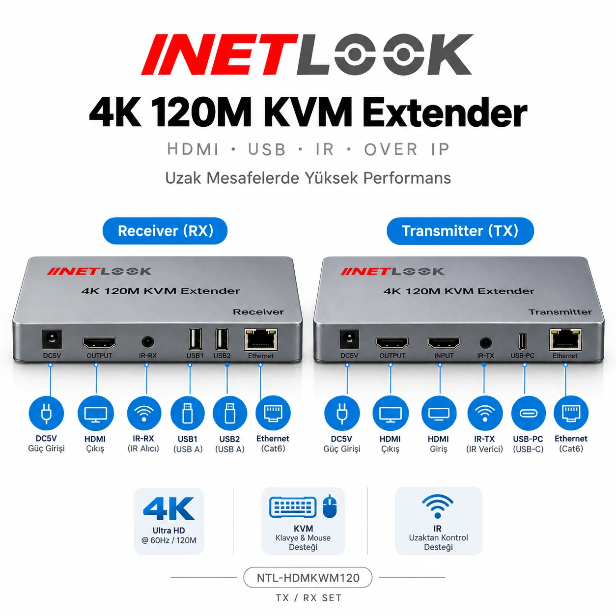 Netlook NTL-HDMIKWM120 4K 120 m HDMI KVM Extender